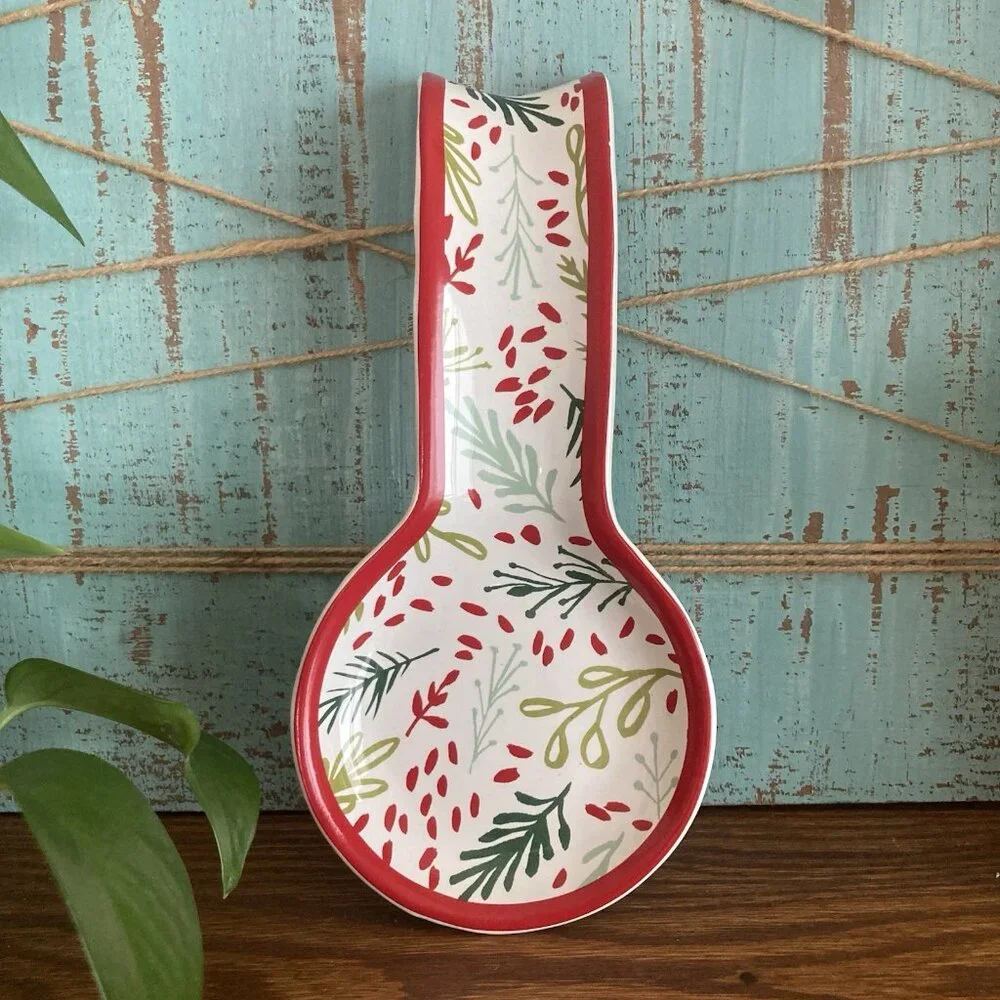 Crate & Barrel Eve Ceramic Spoon Rest Christmas Holly Berry Holiday Kitchen